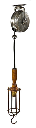 rewired c. 1920's antique american industrial ceiling-mount "reelite" drop-down pendant lamp with turned wood handle and reinfroced cage or bulb guard