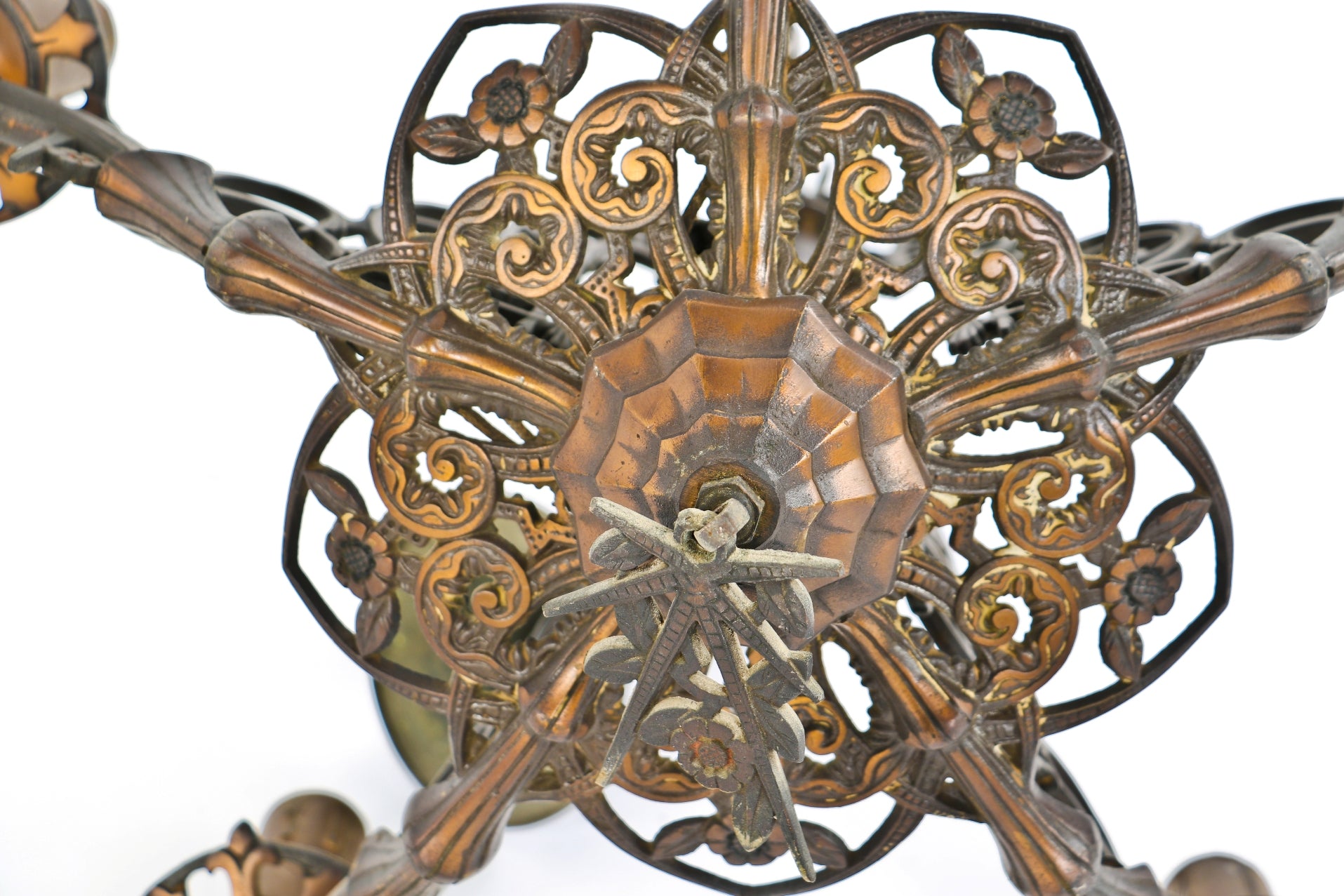 exceptional american depression era highly detailed ornamental cast bronze "soleure" pattern five-light interior residential candleabra ceiling fixture