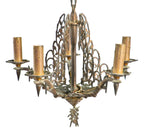 exceptional american depression era highly detailed ornamental cast bronze "soleure" pattern five-light interior residential candleabra ceiling fixture