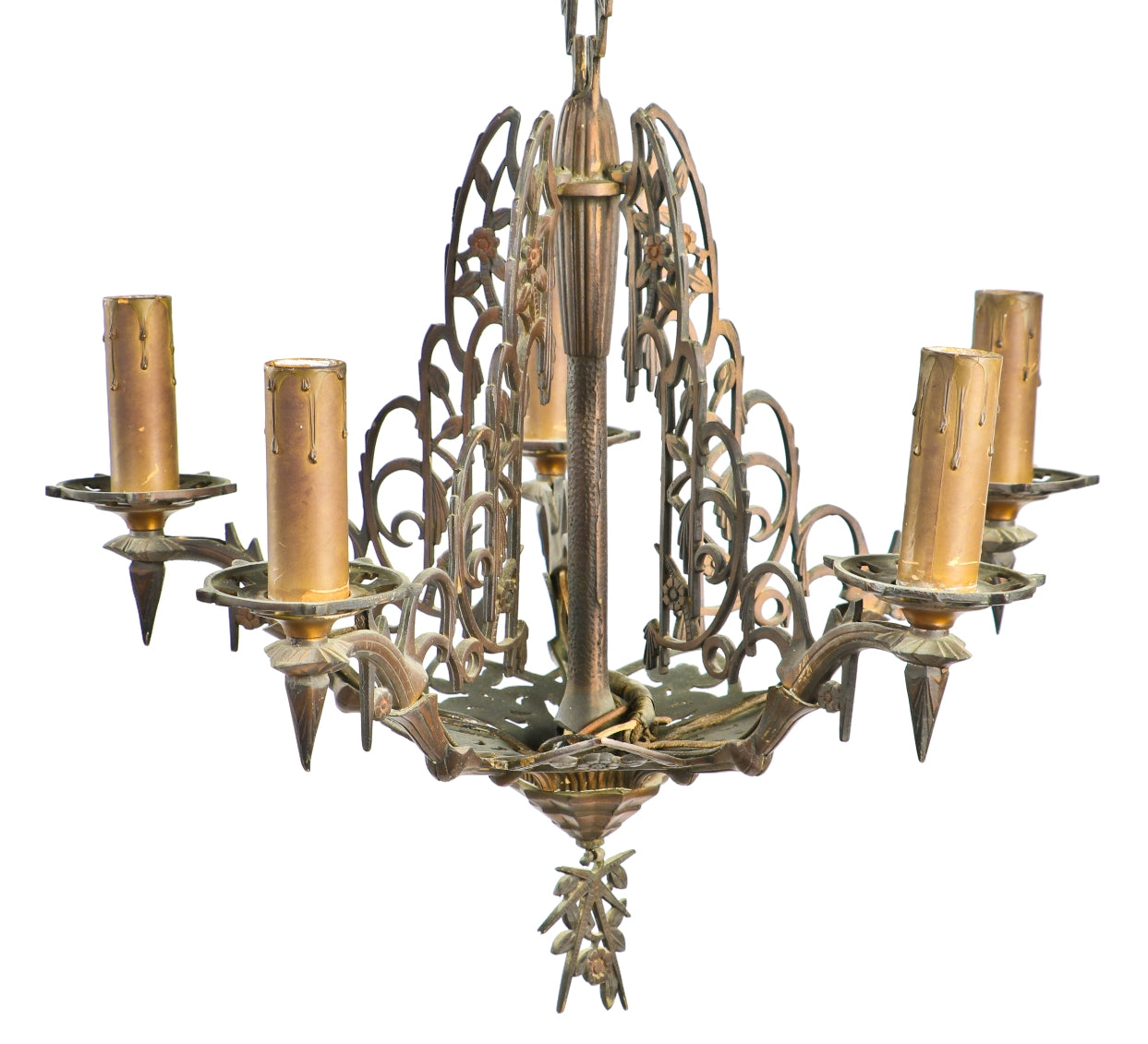 exceptional american depression era highly detailed ornamental cast bronze "soleure" pattern five-light interior residential candleabra ceiling fixture