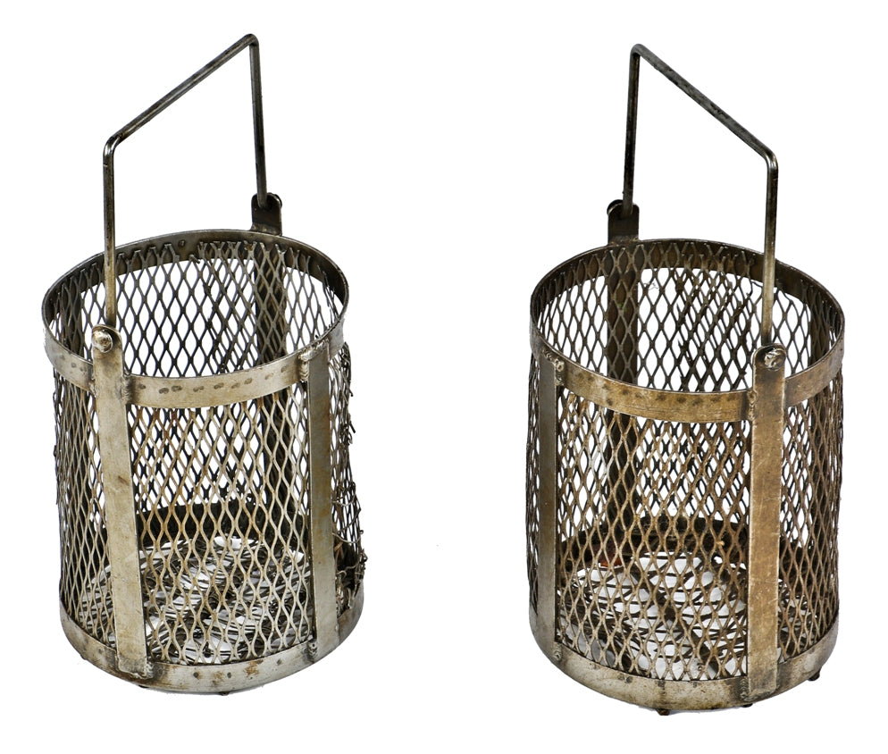 set of original and heavily reinforced vintage american industrial drop handle mesh metal baskets with all-welded joint frames