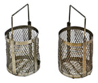 set of original and heavily reinforced vintage american industrial drop handle mesh metal baskets with all-welded joint frames
