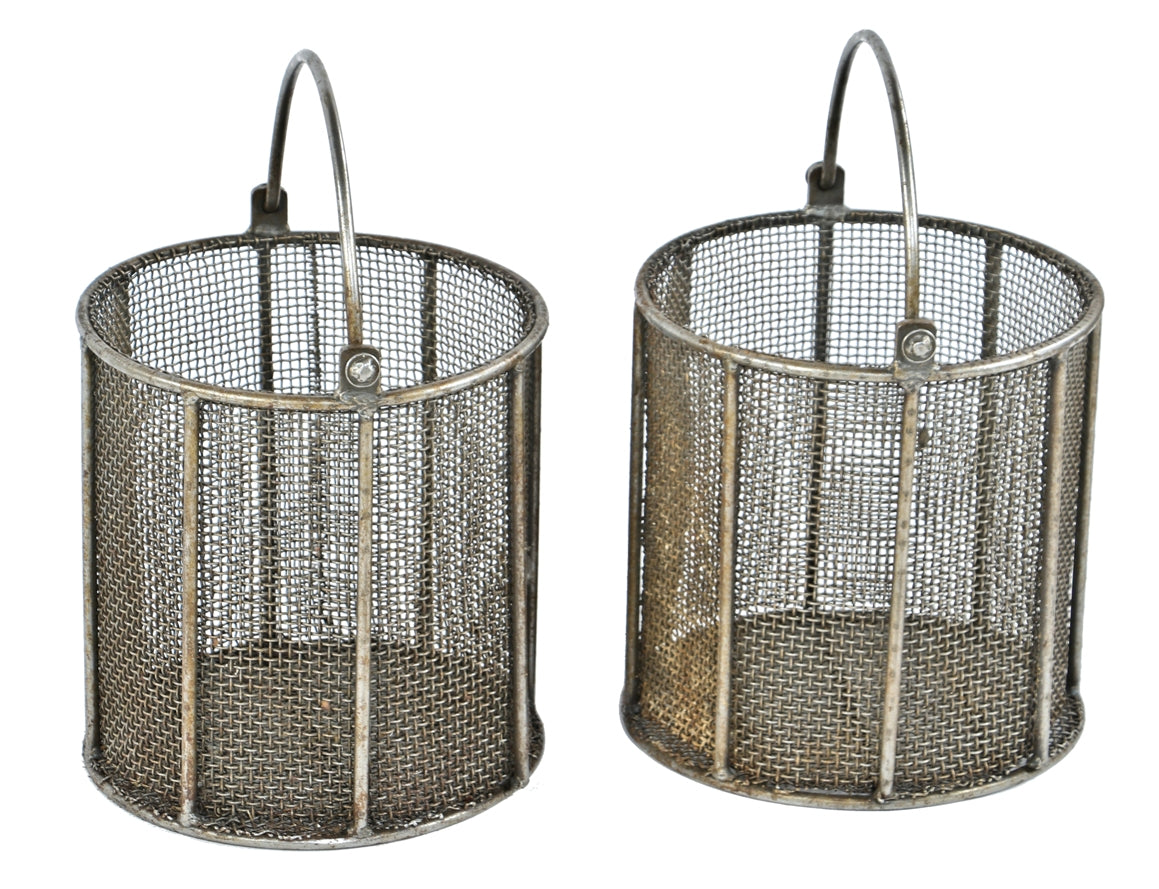 original matching set of heavily reinforced vintage american industrial drop handle mesh metal baskets with all-welded joint frames