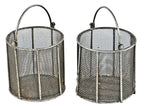 original matching set of heavily reinforced vintage american industrial drop handle mesh metal baskets with all-welded joint frames
