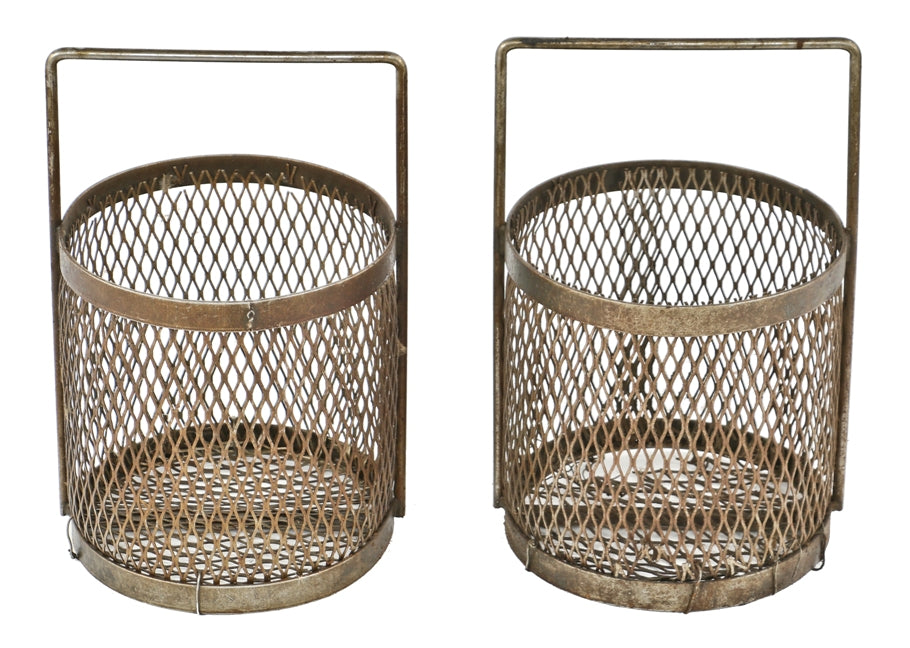 two original and intact heavily reinforced vintage american industrial fixed handle mesh metal baskets with all-welded joint frames