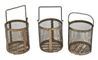 three original and intact heavily reinforced vintage american industrial fixed handle mesh metal baskets with all-welded joint frames
