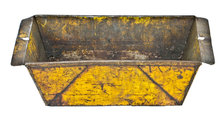 c. 1940's single american industrial pressed and folded steel single portable factory machine shop tote or bin with distressed yellow paint finish