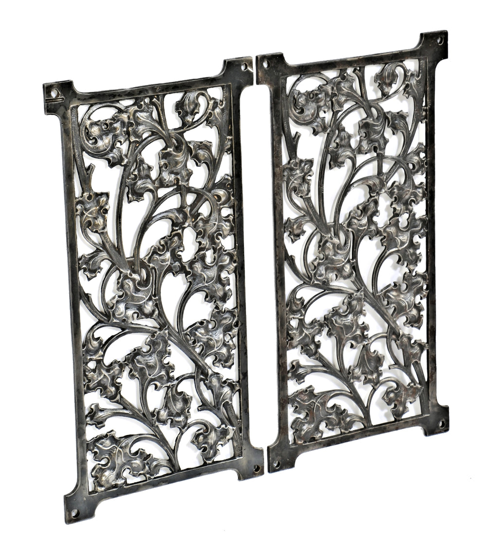 two matching all original late 19th century antique american ornamental cast iron fisher building elevator panels with intricate allover leafage