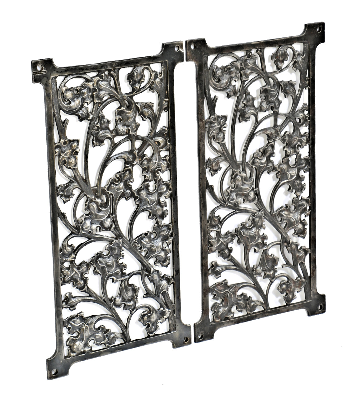 two matching all original late 19th century antique american ornamental cast iron fisher building elevator panels with intricate allover leafage