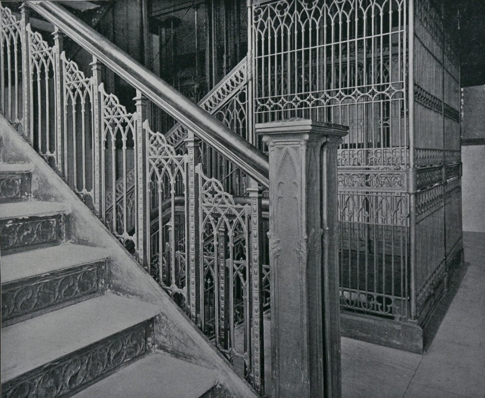 single original and intact copper-plated ornamental cast iron isabella building interior upper floor staircase gothic style baluster
