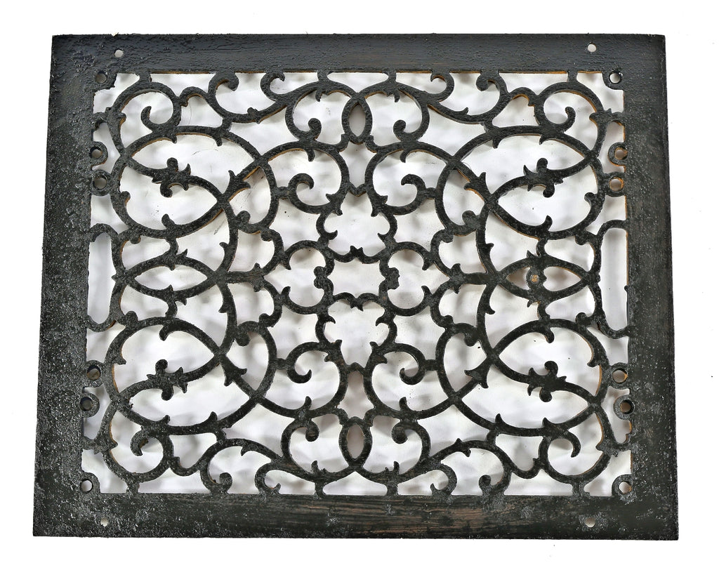 original 1870's antique american ornamental cast iron residential salvaged chicago floor grate with black enameled finish