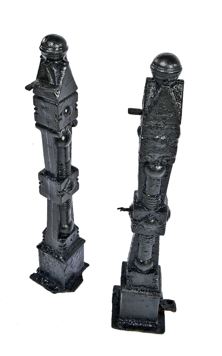 two all original 19th century american victorian era salvaged chicago ornamental cast iron "chicago style" exterior newel posts with ball finials