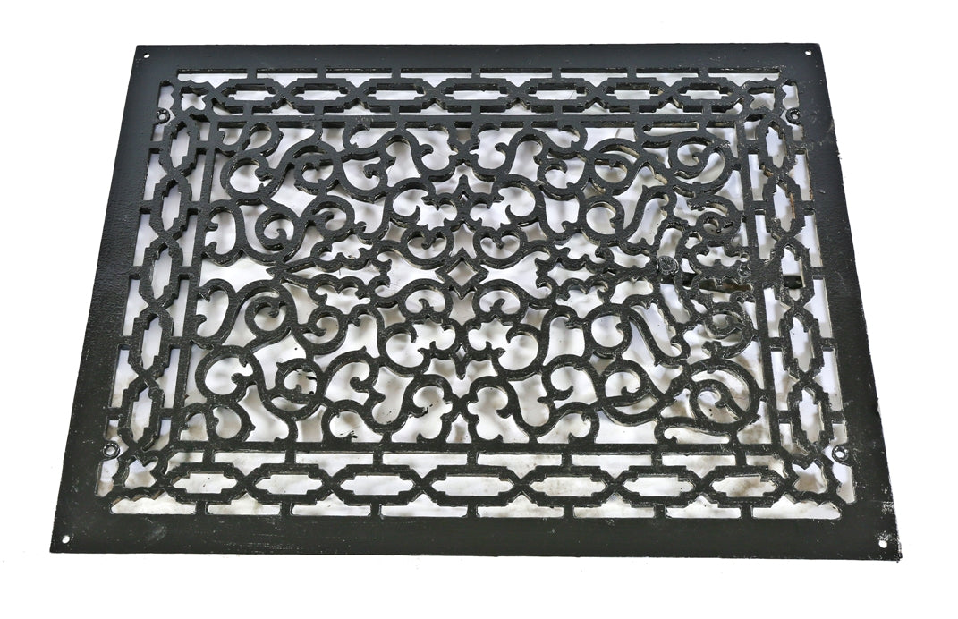 original late 19th century oversized black enameled ornamental cast iron chicago commercial building floor grate free from cracks or breaks