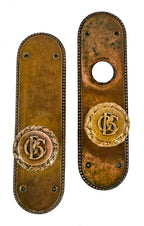 original 1890's complete old colony building interior office door matching monogrammed doorknob lockset comprised of brass with nicely aged surface patina