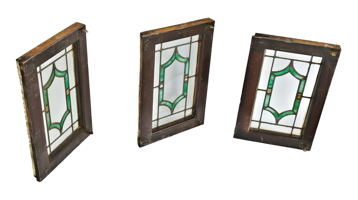 TWO original early 20th century chicago craftsman or bungalow leaded art glass diminutive windows with sandwiched gold leaf accents