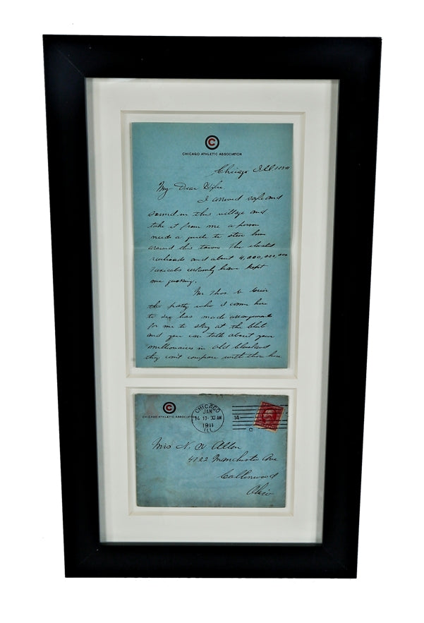 framed and matted c. 1911 hand-written letter with stationary and matching envelope from the chicago athletic association hotel