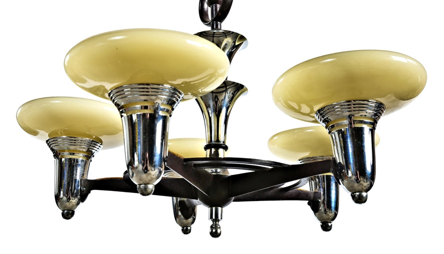 exceptional all original and intact late 1920's american art deco machine age five light polished chrome interior ceiling light fixture with custard shades
