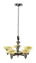 exceptional all original and intact late 1920's american art deco machine age five light polished chrome interior ceiling light fixture with custard shades