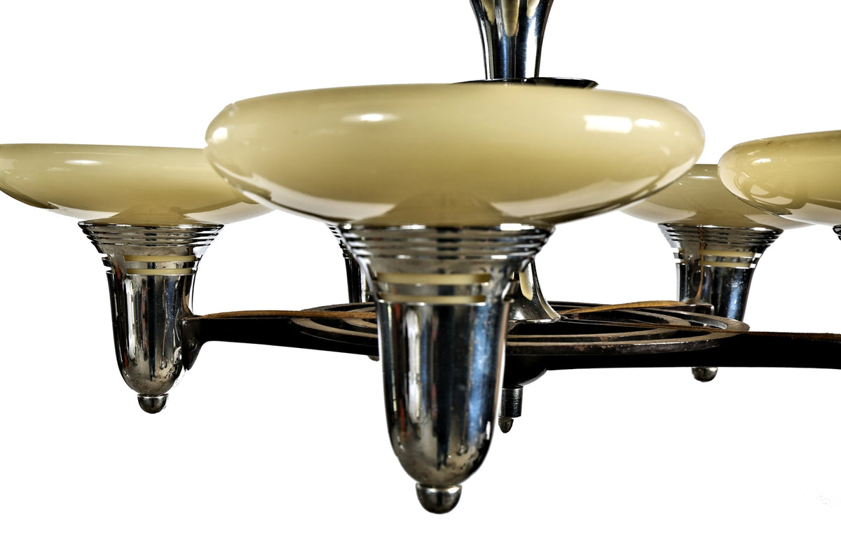 exceptional all original and intact late 1920's american art deco machine age five light polished chrome interior ceiling light fixture with custard shades