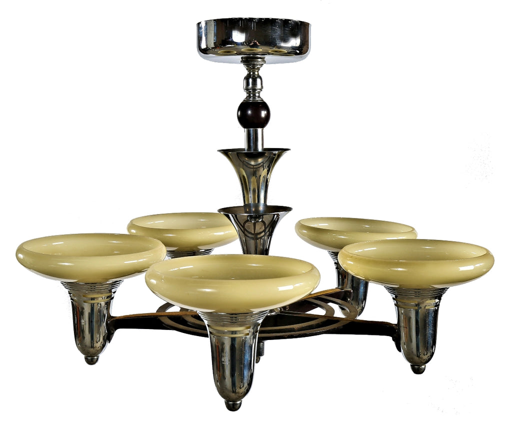 exceptional all original and intact late 1920's american art deco machine age five light polished chrome interior ceiling light fixture with custard shades