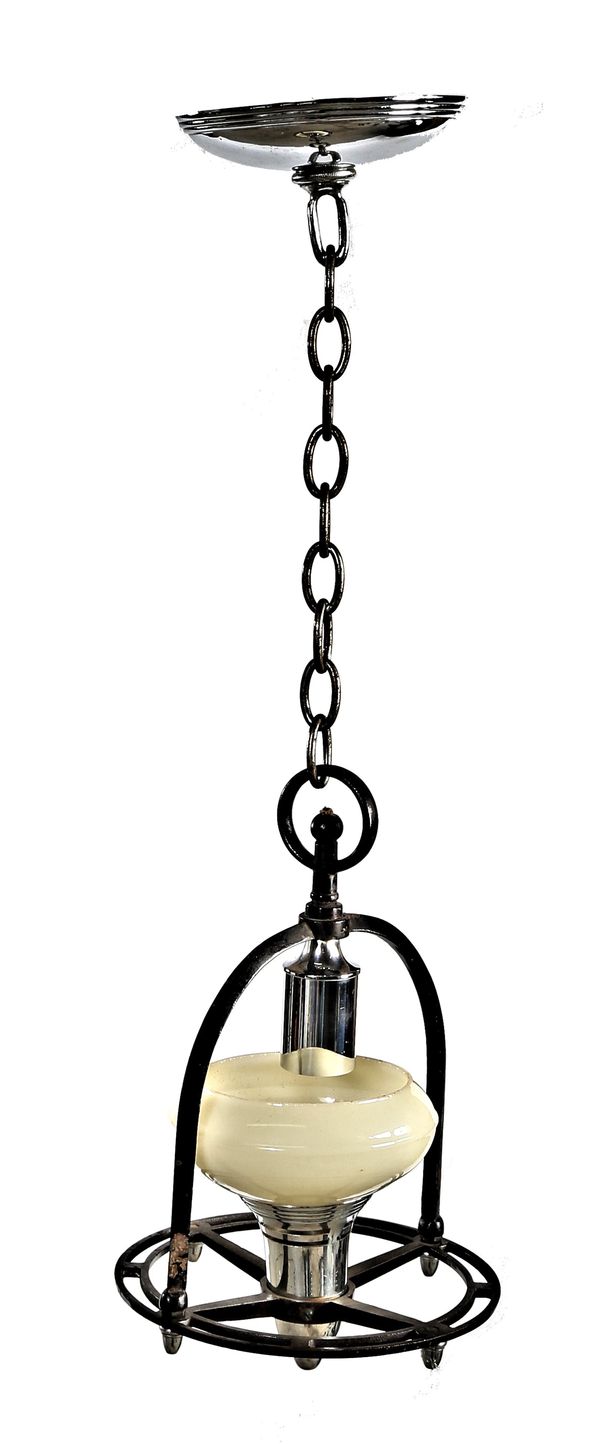 intact late 1920's american art deco machine age polished chrome interior ceiling pendant light fixture with single custard shade