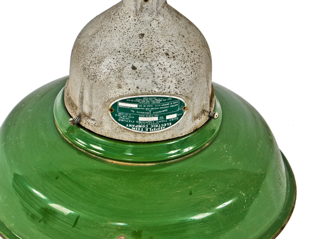 original hard to find green porcelain enameled appleton "explosion proof" wrigley chewing gum factory pendants with reinforced glass globe