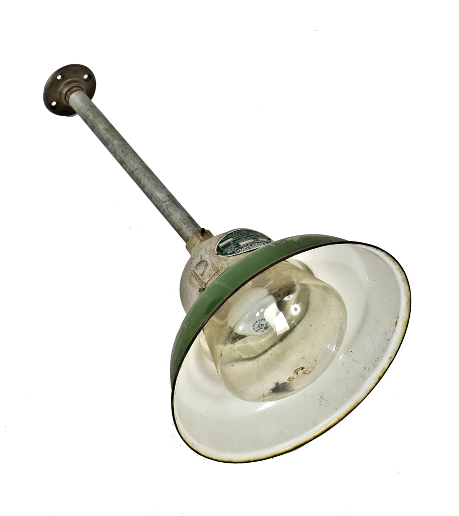 original hard to find green porcelain enameled appleton "explosion proof" wrigley chewing gum factory pendants with reinforced glass globe