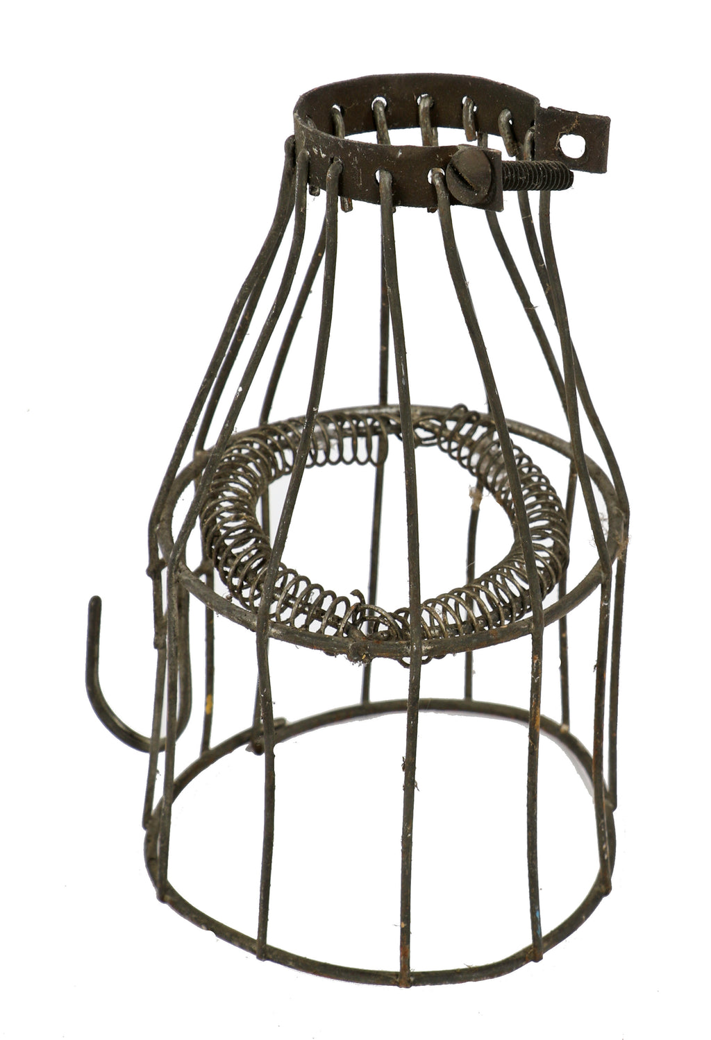 original early 20th century american industrial galvanized steel "protector a" incandescent light bulb guard with spring cushion