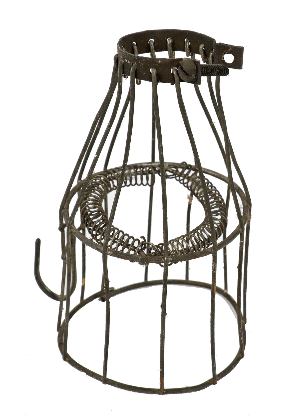 original early 20th century american industrial galvanized steel "protector a" incandescent light bulb guard with spring cushion