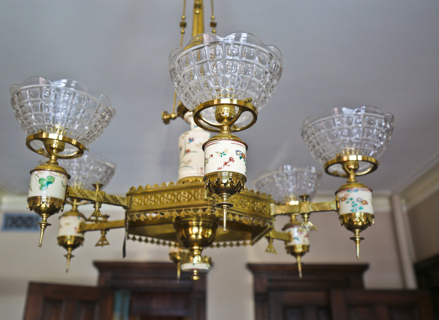 fully restored exceptional c. 1880's cast brass six-arm salvaged chicago converted gasolier with lowery glazed ceramic pottery