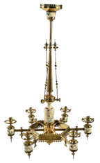 fully restored exceptional c. 1880's cast brass six-arm salvaged chicago converted gasolier with lowery glazed ceramic pottery
