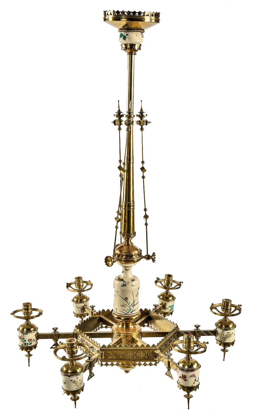 fully restored exceptional c. 1880's cast brass six-arm salvaged chicago converted gasolier with lowery glazed ceramic pottery