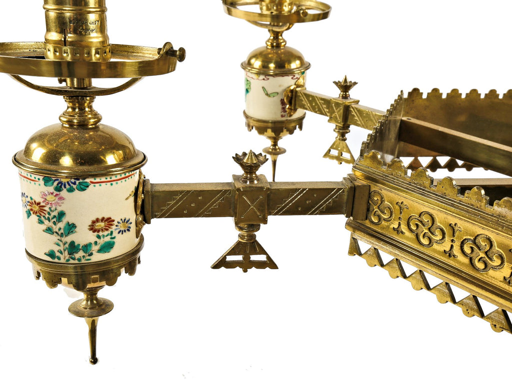 fully restored exceptional c. 1880's cast brass six-arm salvaged chicago converted gasolier with lowery glazed ceramic pottery