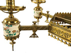 fully restored exceptional c. 1880's cast brass six-arm salvaged chicago converted gasolier with lowery glazed ceramic pottery