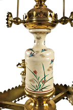 fully restored exceptional c. 1880's cast brass six-arm salvaged chicago converted gasolier with lowery glazed ceramic pottery