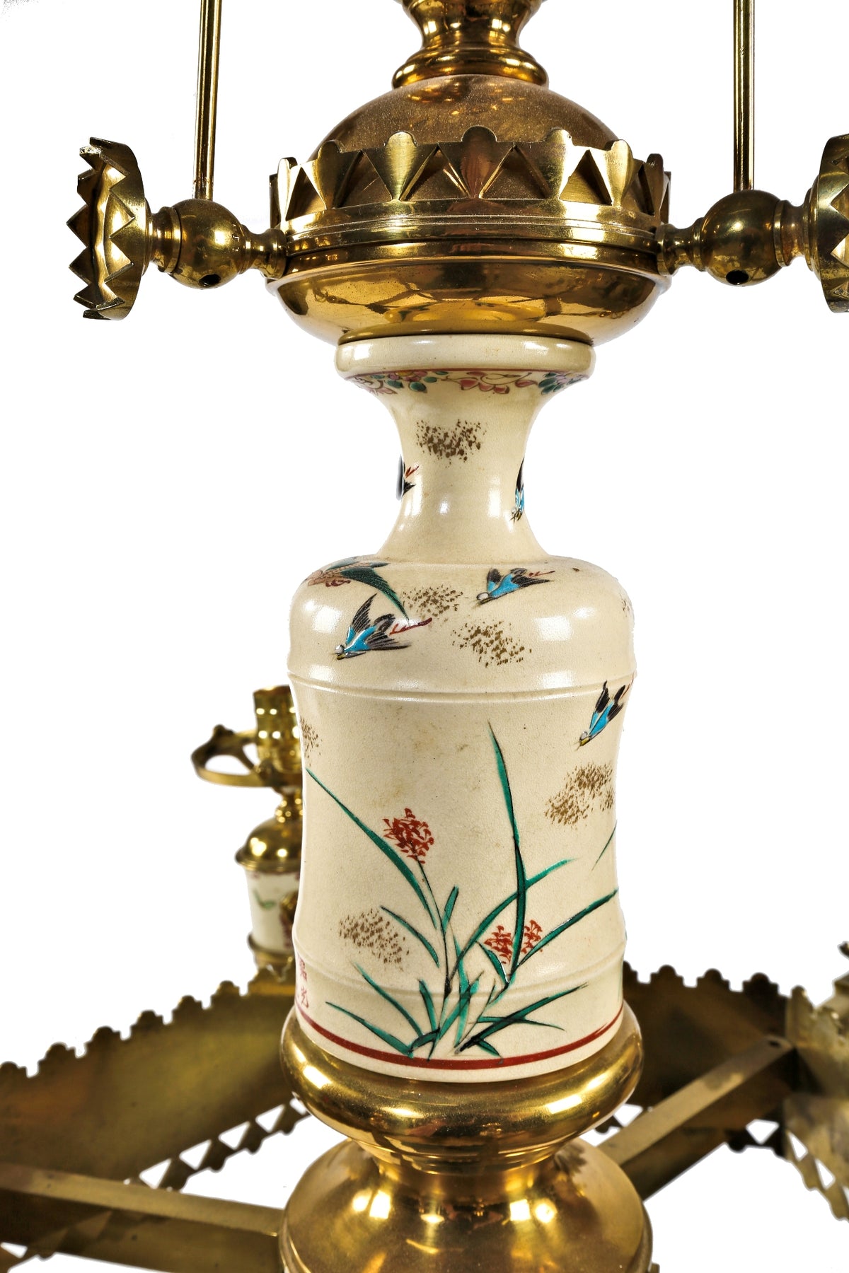 fully restored exceptional c. 1880's cast brass six-arm salvaged chicago converted gasolier with lowery glazed ceramic pottery