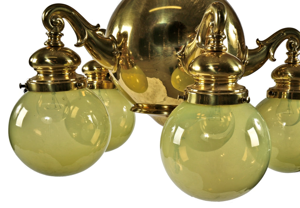 completely restored antioque american interior residential chicago mansion five-arm ceiling pendant light fixture with original vaseline glass globes