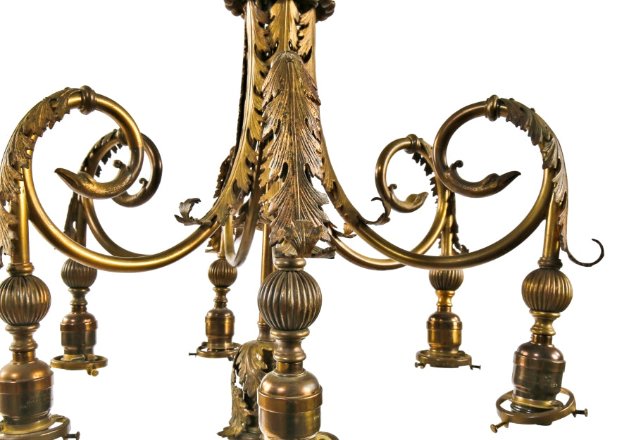 early 20th century antique american ornamental cast brass and bronze interior residential bent tubular seven-arm electrolier ceiling fixture