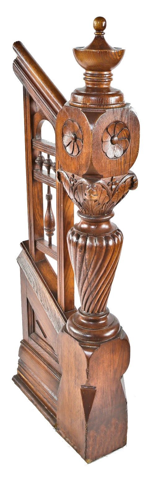 exceptional hand-carved 1880's salvaged chicago solid oak interior residential newel post and railing with a uniform stained finish