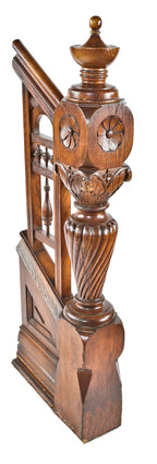 exceptional hand-carved 1880's salvaged chicago solid oak interior residential newel post and railing with a uniform stained finish