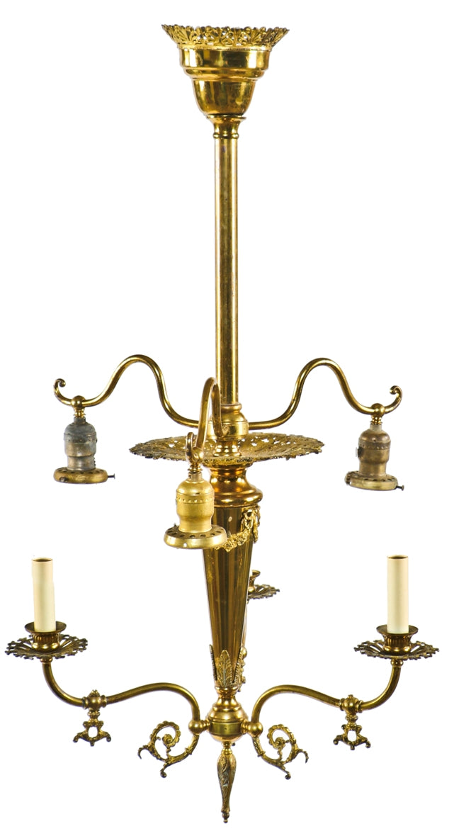 fully restored and converted early 20th century salvaged chicago  combination residential brass electrolier /gasolier with rewired sockets