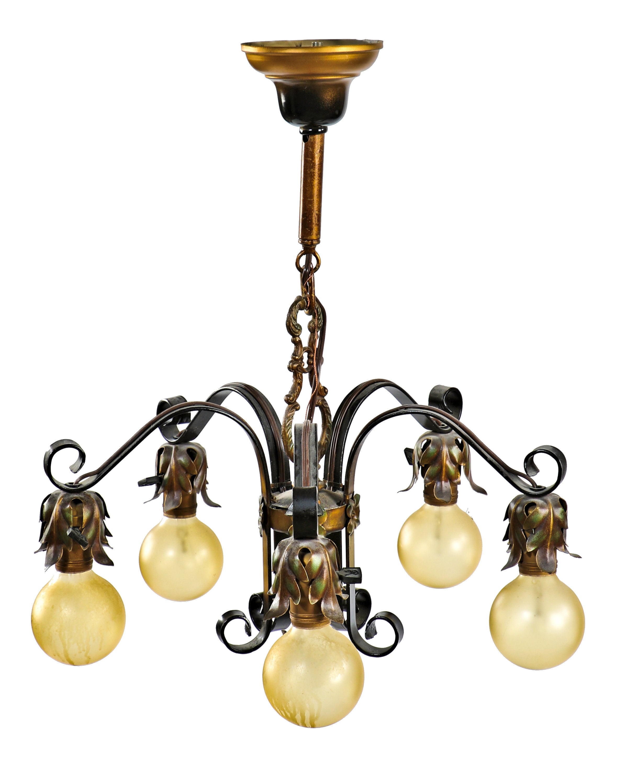 completely refinished five-arm bare bulb polychrome 1920's chicago bungalow ceiling fixture with original canopy and decorative light bulbs