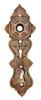 original early 1870's hard to find and highly desirable ornamental "real bronze" exterior entrance door escutcheon or backplate with intact swinging keyhole cover