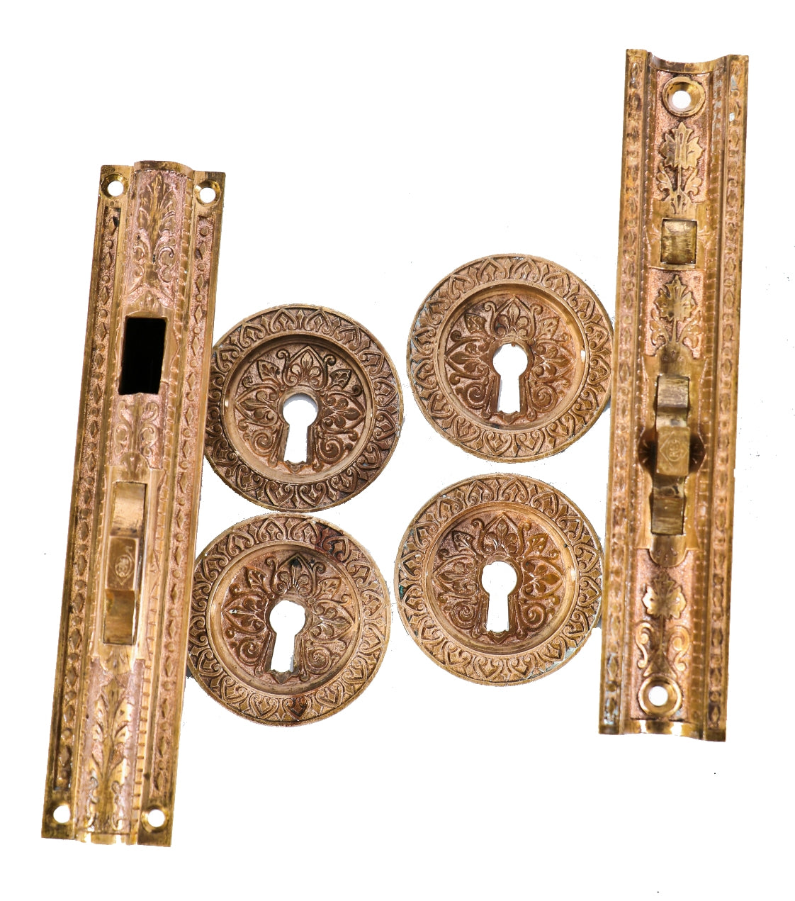 hard to find original and fully functional early 1870's cast bronze interior residential pocket door circular escutcheons with matching mortise locks