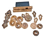hard to find original and fully functional early 1870's cast bronze interior residential pocket door circular escutcheons with matching mortise locks