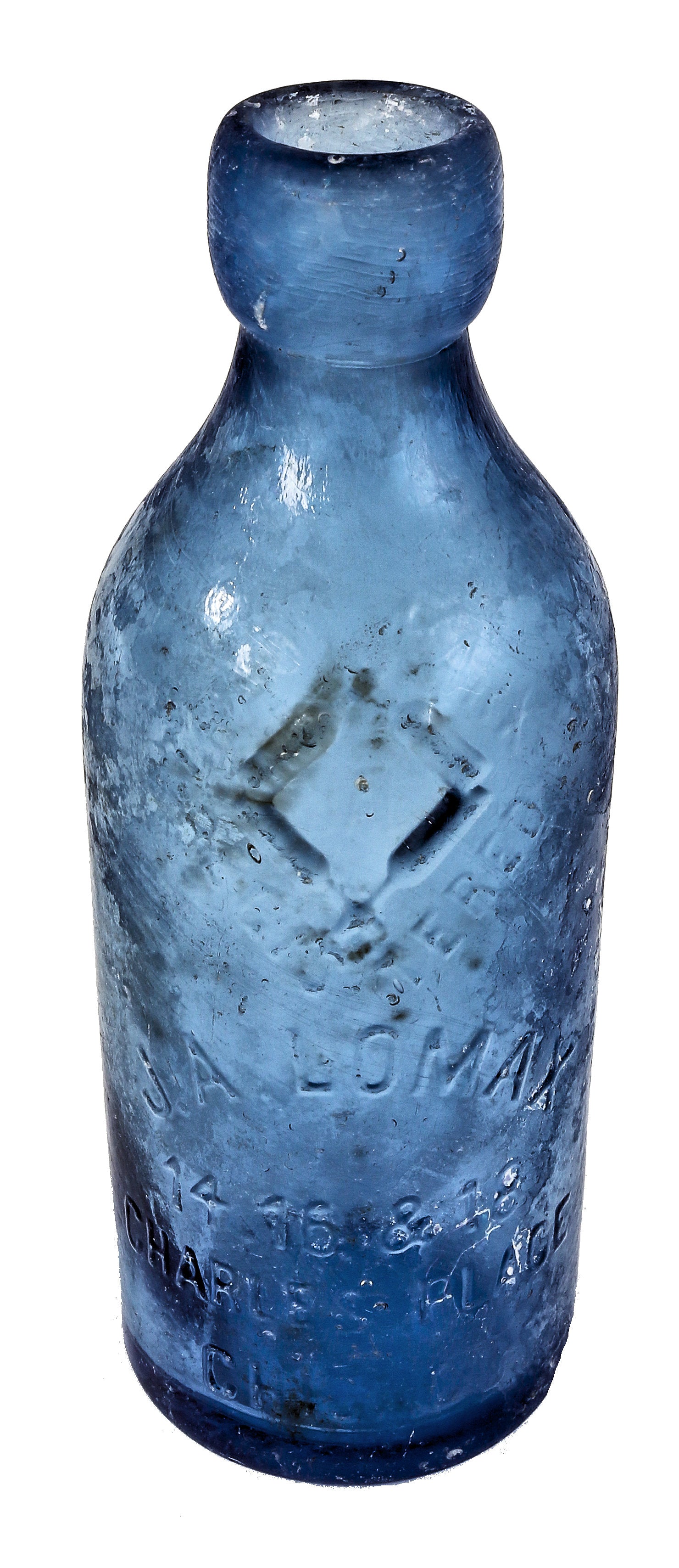 completely intact 19th century light blue hutchinson shaped bottle with original patent spring stopper manufactured for chicago bottling giant j.a. lomax