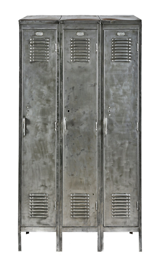 c. 1940's american vintage industrial brushed metal freestanding triple-unit factory lunchroom locker with louvered hinged doors and angled top
