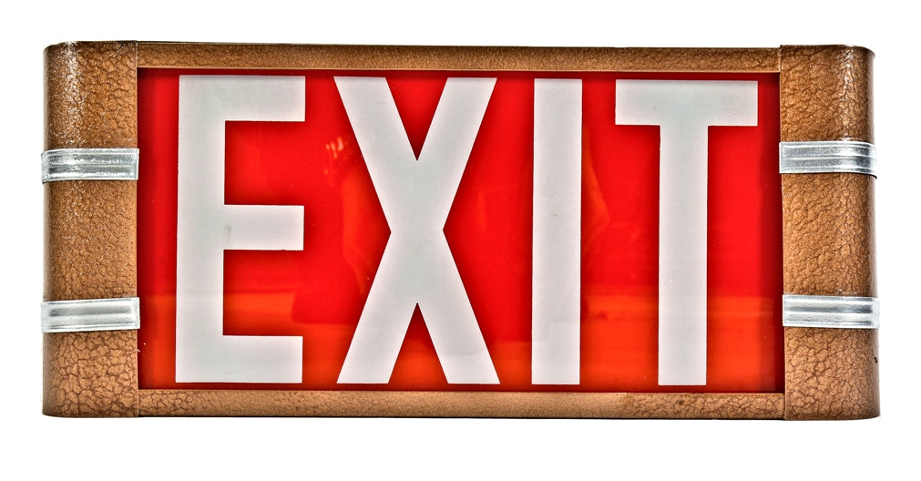 original and fully functional c. 1930's american depression era streamlined style art deco style illuminated exit light with polished chrome bands