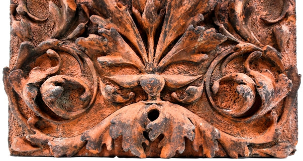 rare and unusually crude c. 1882 exterior salvaged chicago mellos peanut company building terra cotta frieze panel with deep relief floral ornament