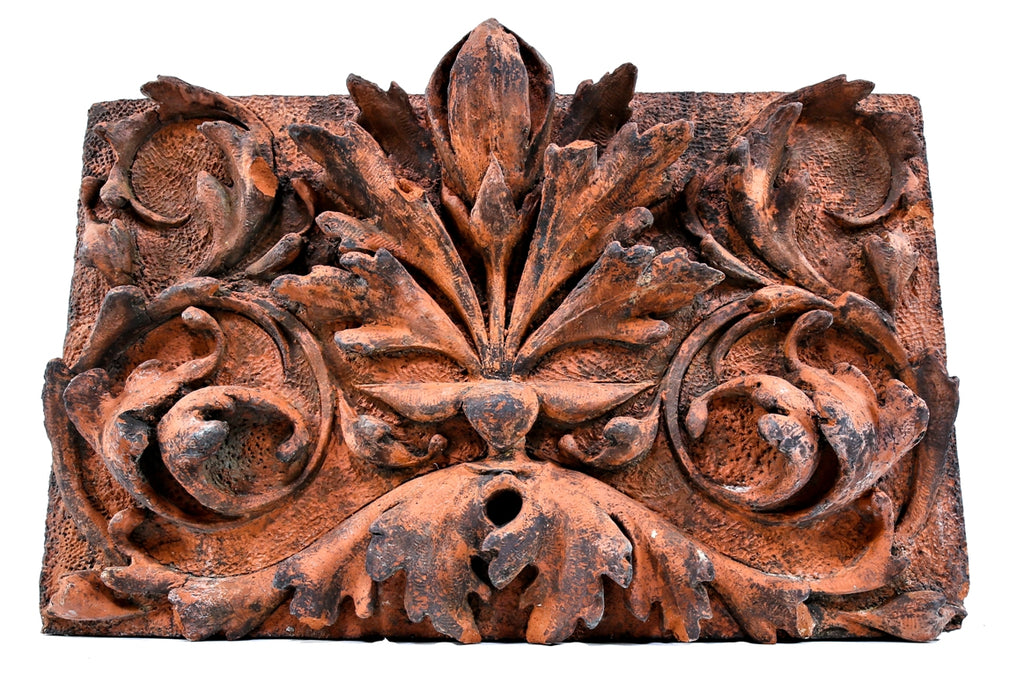 rare and unusually crude c. 1882 exterior salvaged chicago mellos peanut company building terra cotta frieze panel with deep relief floral ornament